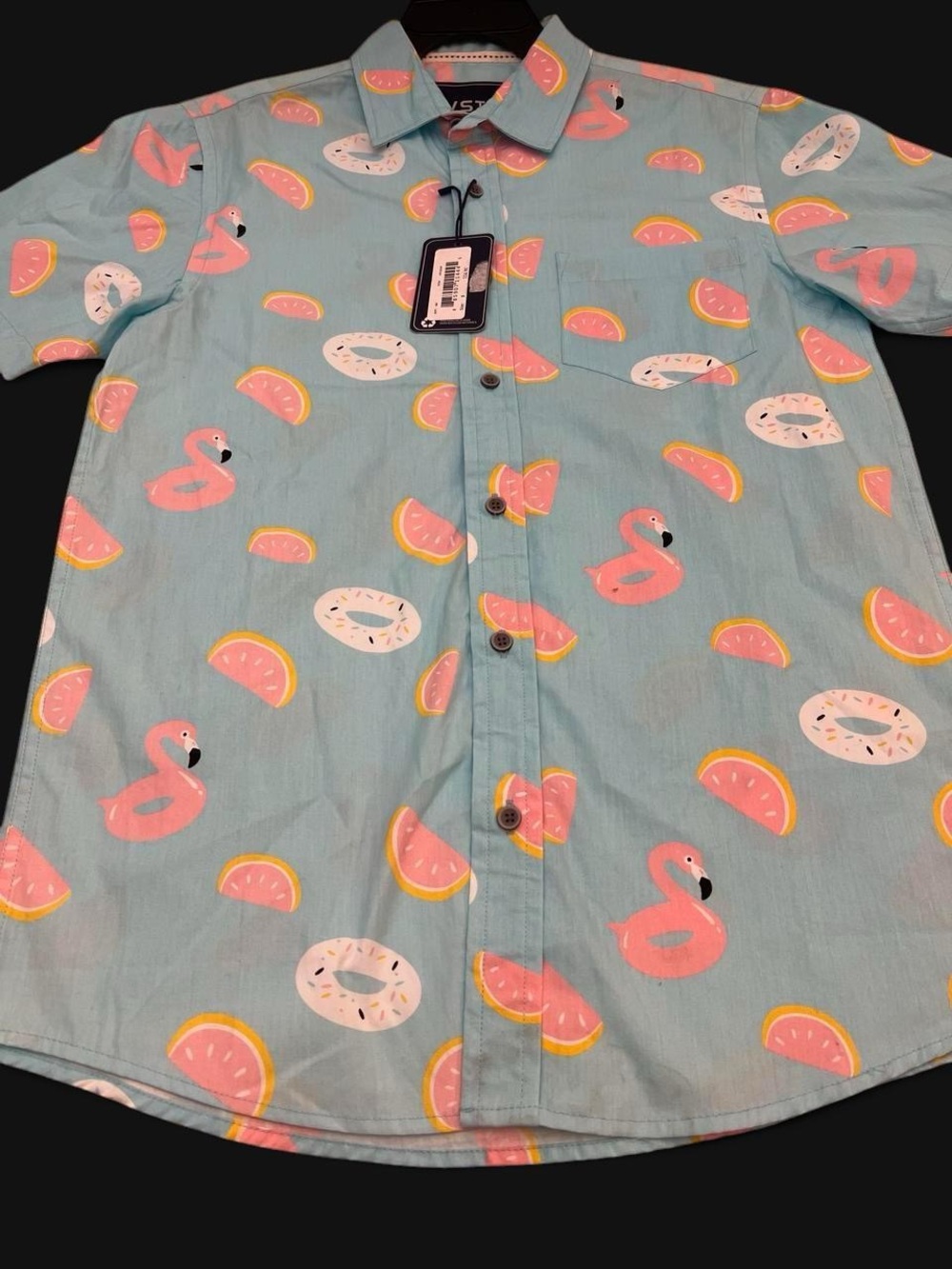 Men's Light Blue Flamingo Print Short-Sleeve Button-Up Shirt
